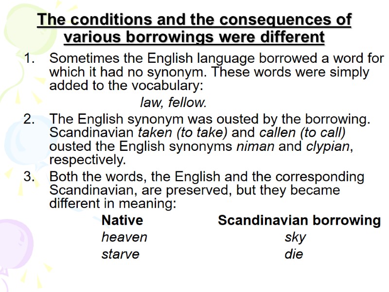 The conditions and the consequences of various borrowings were different Sometimes the English language
